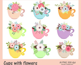 Blommig tekopp Clipart PNG digital nedladdning, blombukettgrafik, handgjord blomclipart för hantverk och presenter