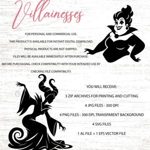 May include: Digital download graphic featuring the word "Villainesses" in pink script, along with black silhouette illustrations of two female characters. The image includes text about file types and usage.