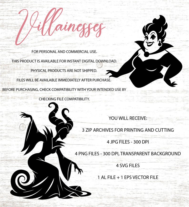 May include: Digital download graphic featuring the word "Villainesses" in pink script, along with black silhouette illustrations of two female characters. The image includes text about file types and usage.