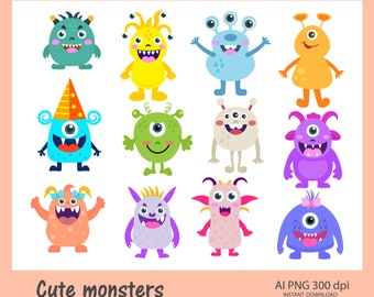 May include: A set of 12 colorful cartoon monster illustrations. The monsters have different colors, shapes, and expressions. They are all cute and friendly.
