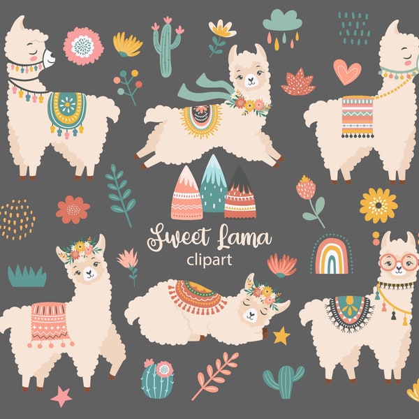 Darling Llamas ,Decorated llama, Alpaca Clip Art, Digital download, Cute llama, Alpaca graphics