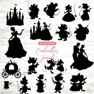 Puede incluir: Una colección de imágenes de siluetas negras con personajes y elementos de la historia de Cenicienta. Incluye Cenicienta, un castillo, ratones, un carruaje y el texto "Cinderella's Friends".