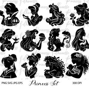 Prinses silhouet ingesteld in SVG-, PNG- en EPS-indelingen, digitale download voor Cricut en Silhouette.