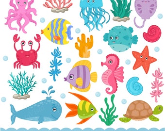 Clipart de criaturas marinhas, animais marinhos em PNG, imagens da vida oceânica (download digital)