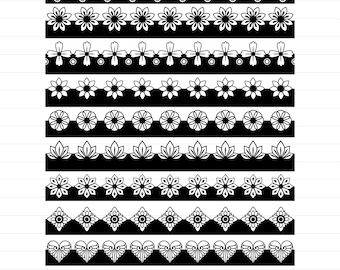 Puede incluir: Un conjunto de 10 bordes decorativos en blanco y negro con varios patrones florales y geométricos. Estos bordes se pueden utilizar para scrapbooking, creación de tarjetas y otros proyectos de manualidades.