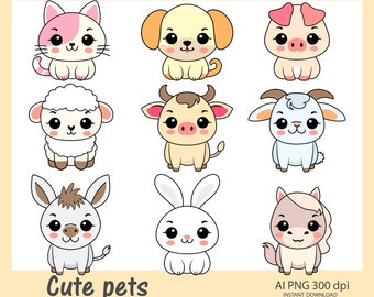 Cute pets PNG. Village small animals SVG. Cat, dog, horse, sheep, cow. Instant download.