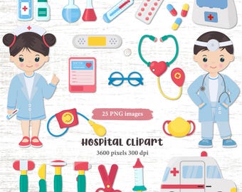 Hospital-themed clipart set, medical images in PNG format, doctor, nurse, nursing symbols, ambulance, health-related illustrations.