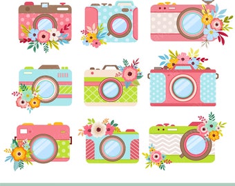 Blommig kamera clipart set – PNG-grafik, scrapbooking (digital nedladdning)
