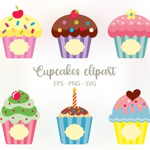 Puede incluir: Seis cupcakes coloridos con diferentes coberturas, incluyendo chispas, cerezas, chispas de chocolate y un corazón. Los cupcakes están decorados con glaseado de colores y tienen etiquetas en blanco.