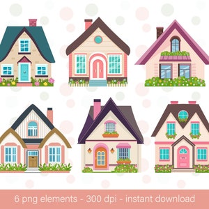Cute decorative houses PNG. Beautiful facade with flowers. PNG buildings.
