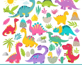 Cute colorful dinosaur set. Ancient world set. Illustrations of bright colors of dinosaurs of different nature. Dinosaur vector graphics