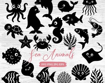 Sea Creatures SVG clipart: ocean images, seahorse, starfish, dolphin, shells, octopus, seaweed, Cricut and Silhouette cutting files