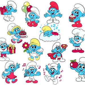 Puffi SVG, Puffi PNG, Puffi clipart, Download immediato, Sfondi trasparenti, cartoni animati, Set Puffi.