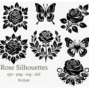 May include: A set of black silhouette images of roses and butterflies. The images are in a variety of styles, including a single rose with leaves, a rose with a wreath of leaves, and a rose with a butterfly.