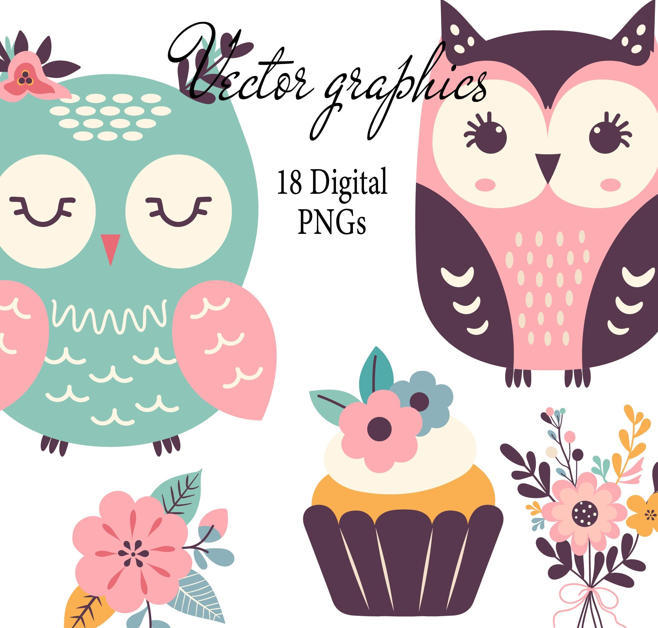 Owls PNG Digital Download, Children's Room Decor, Scrapbooking & Gift for Girls, Birds Clipa
