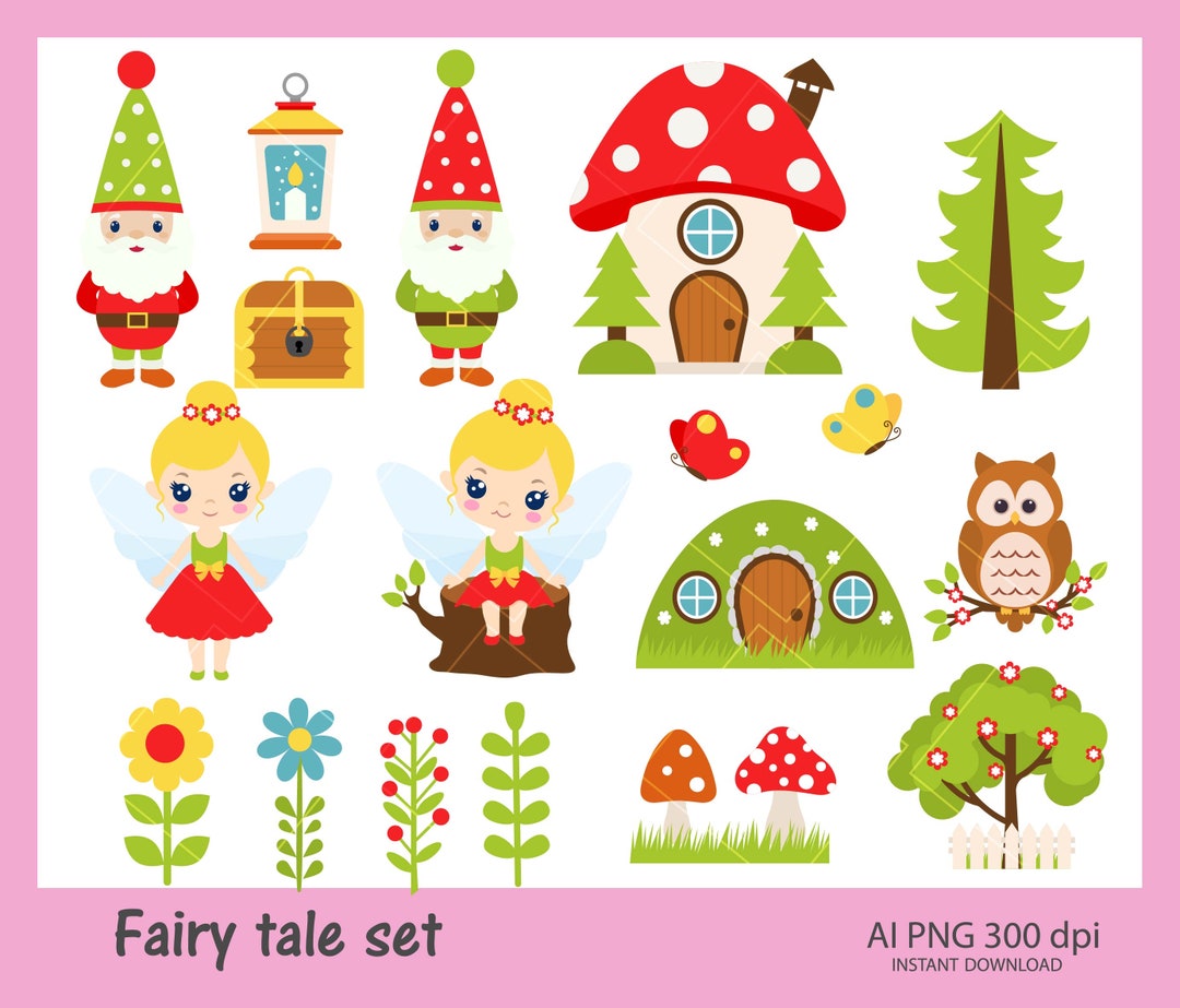 Cute Cartoon Fairies and Gnomes, Fairy Houses. Fantasy PNG Set. Fairy ...