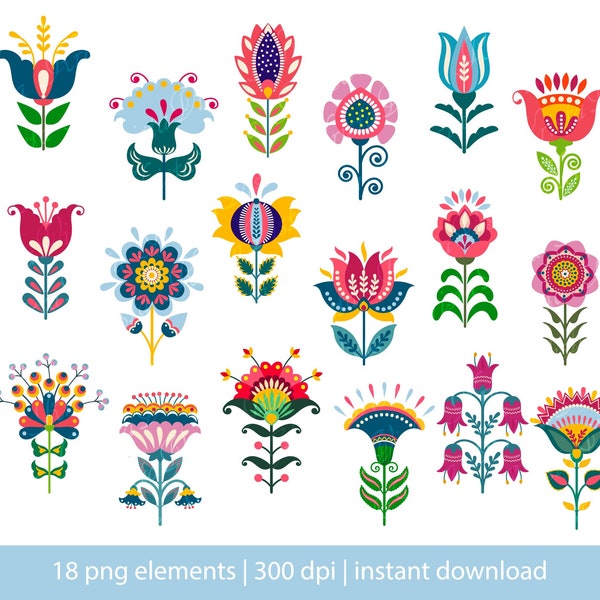 Flowers folk art, Folk art PNG. Instant download.