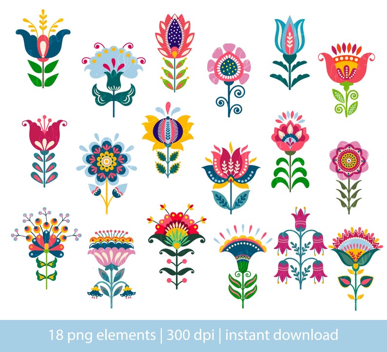 Flowers folk art, Folk art PNG. Instant download. image 1