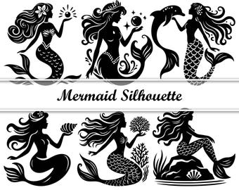 Mermaid Silhouette SVG, Ocean Sea Life Clipart, Fantasy Vector Cut Files for Cricut, Silhouette