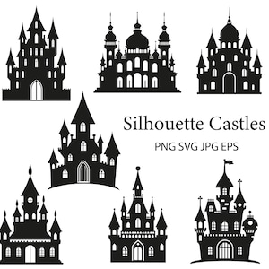 Puede incluir: Una colección de diseños de castillos silueta negros. La imagen presenta seis ilustraciones de castillos diferentes con varios estilos arquitectónicos, incluyendo torres, torretas y entradas arqueadas. El texto "Silhouette Castles" se muestra debajo de los castillos, junto con información del tipo de archivo.