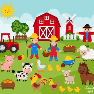 Ferme de clipart numérique. Animaux de la ferme. Garçon et fille d'agriculteurs. Téléchargement numérique