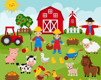 Digital clipart farm. Farm Animals. Farmers boy and girl. Digital download