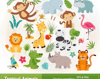 Jungle Animals Clipart Set – Safari Graphics, Tropical PNG (Digital Download)