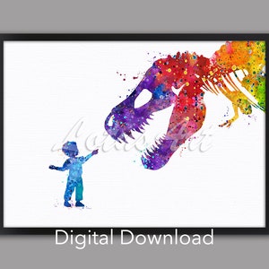 DIGITAL DOWNLOAD Little Boy and Dinosaur T-Rex Painting Watercolor Print Dinosaur Nursery Art Boys Room Decor Kids Gift Tyrannosaurus Poster
