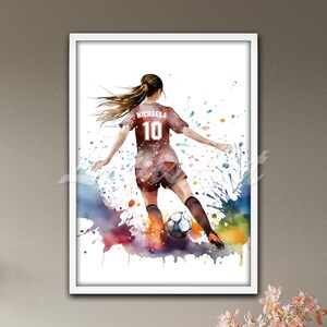 Girl Soccer Player Personalized Poster, Football Watercolor Wall Art Print, Sport Girls Room Decor, Custom Soccer Gift