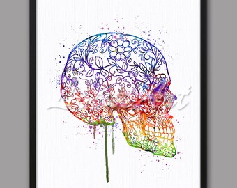 Può includere: Un dipinto ad acquerello colorato di uno scheletro con intricati disegni floreali. Lo scheletro è di profilo e i colori sono vivaci e audaci. Lo sfondo è bianco con qualche schizzo di vernice.