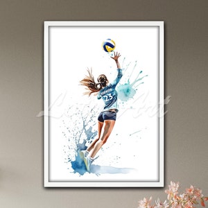 Impresión de acuarela para pared con voleibol para niña, póster deportivo, pintura para decoración de habitación infantil, regalo personalizado para guardería