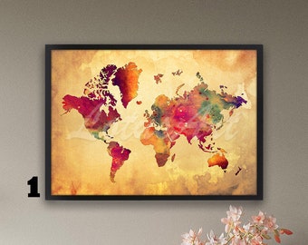 World Map Vintage Style Watercolor Art Print: Travel Wall Decor Gift