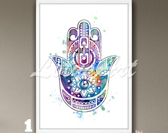 Hamsa Hand Watercolor Art Print: Zen Yoga Home Decor, Spiritual Protection Meditation Room Poster