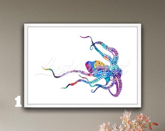 Octopus Wall Art Watercolor Framed Print Nautical Poster Personalised Gift