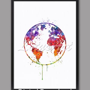 Planeta tierra mapa mundial arte pintura acuarela impresión ilustración viaje arte cartel decoración del hogar DESCARGA DIGITAL