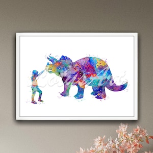 Boy and Dinosaur Triceratops Framed Wall Art Fantasy Animals Watercolor Print Nursery Home Decor Dino Kids Room Print Personalized Gifts