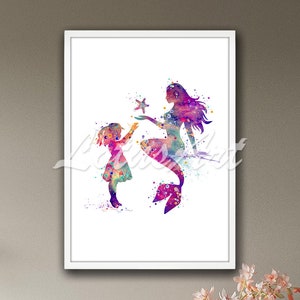 Mermaid Giving Girl Starfish Framed Art Watercolor Print Fantasy Painting Nursery Poster Kids Room Decor Fairy Tale Personalised Gifts