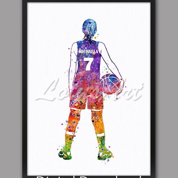 Personnalisé fille basket-ball joueur aquarelle Art Print peinture sport affiche pépinière Art filles chambre Decor fait sur commande téléchargement numérique