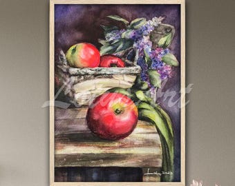 Apfel-Aquarell-Stillleben-Druck: Wandposter für die Küche