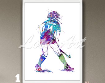 Feldhockey weiblich Wand Kunst Aquarell Druck Sport Poster Gemälde Kinderzimmer Kunst Mädchen Zimmer Dekor Illustration Geschenke