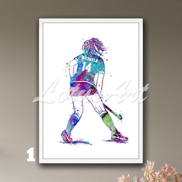 Personalized Field Hockey Female Wall Art Watercolor Print Sports Poster Painting Nursery Art Girls Room Decor Illustration Gifts