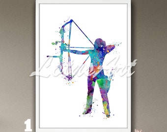 Archery Girl Compound Bow Wall Art Framed Watercolor Print Female Sports Poster Kids Room Decor Personalised Womans Painting Custom Gifts