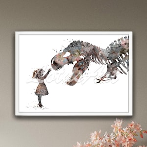 Girl and T-Rex Watercolor Print: Nursery Kids Room Decor