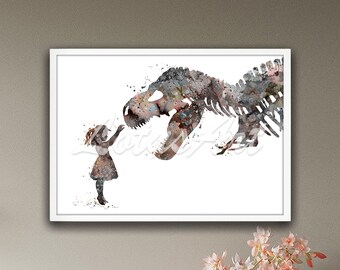 Girl and Dinosaur Tyrannosaurus Rex Wall Art Watercolor Print Nursery Painting Poster Kids Room Decor Personalised Gifts
