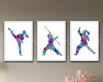 Girls Karate Wall Art Watercolor Prints Set: Martial Arts Sports Decor Gift