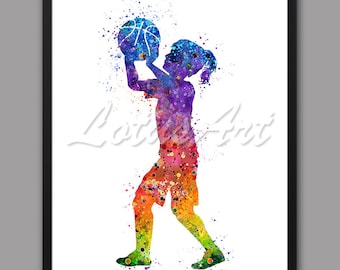 Impression d'art aquarelle de basket-ball : affiche de sport pour filles (téléchargement numérique)