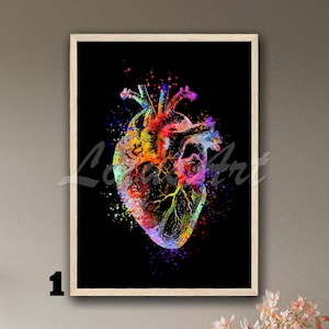 Heart Anatomy Framed Wall Art Black Background Anatomical Watercolor Print Surgery Clinic Medical Office Decor Personalised Doctor Gifts
