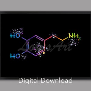 May include: A colourful watercolour illustration of a chemical structure with the text "NH2" and "HO" on a black background. The text "Digital Download" appears at the bottom of the image.