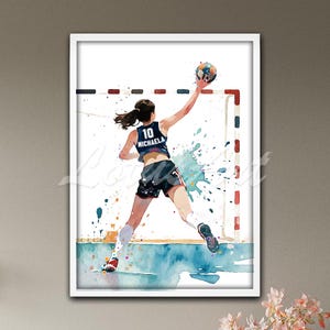 Girl Handball Player Wall Art Personalized Watercolor Print Custom Woman Handball Name and Number Female Sports Poster Gift