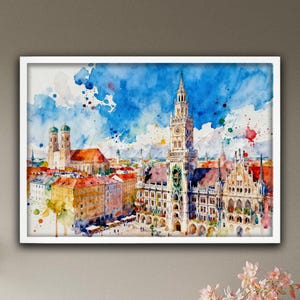 Peut inclure: Peinture à l'aquarelle d'une ville européenne encadrée de blanc. L'œuvre représente des bâtiments aux façades rouges, jaunes et blanches sous un ciel bleu avec des nuages blancs. La peinture a un style vibrant et coloré avec des éclaboussures de peinture.